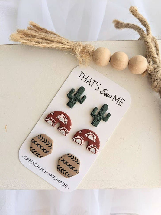 Boho Stud Trio Pack, Clay Earring Studs, Desert Theme