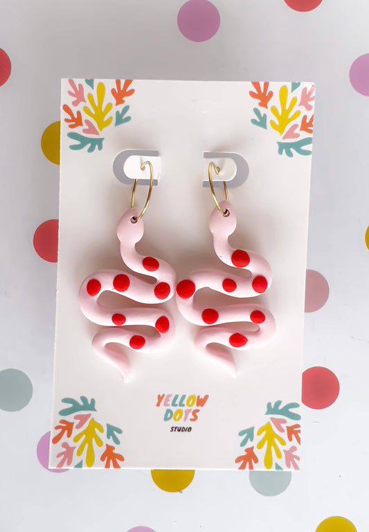Yellow Dots Studio - Pink and Red Snake Earrings in Polymer Clay