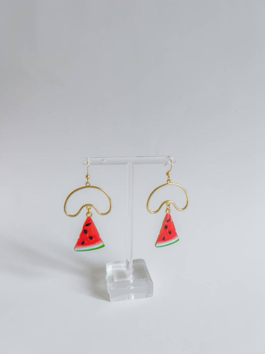 Watermelon Dangle Earrings with Abstract Hoops