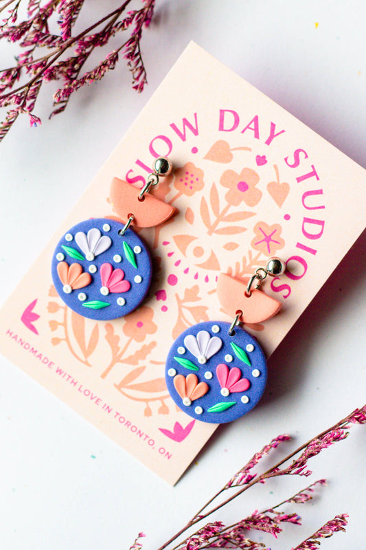 Slow Day Studios - Polymer Clay Small Floral Circle Dangles in Periwinkle