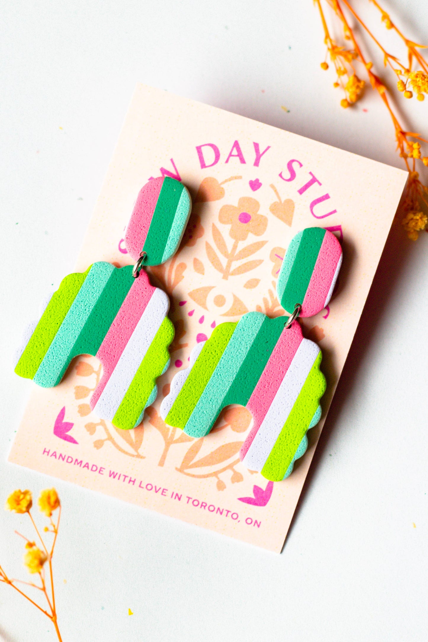 Slow Day Studios - Summer Stiped Scalloped Colourful Dangle Earring