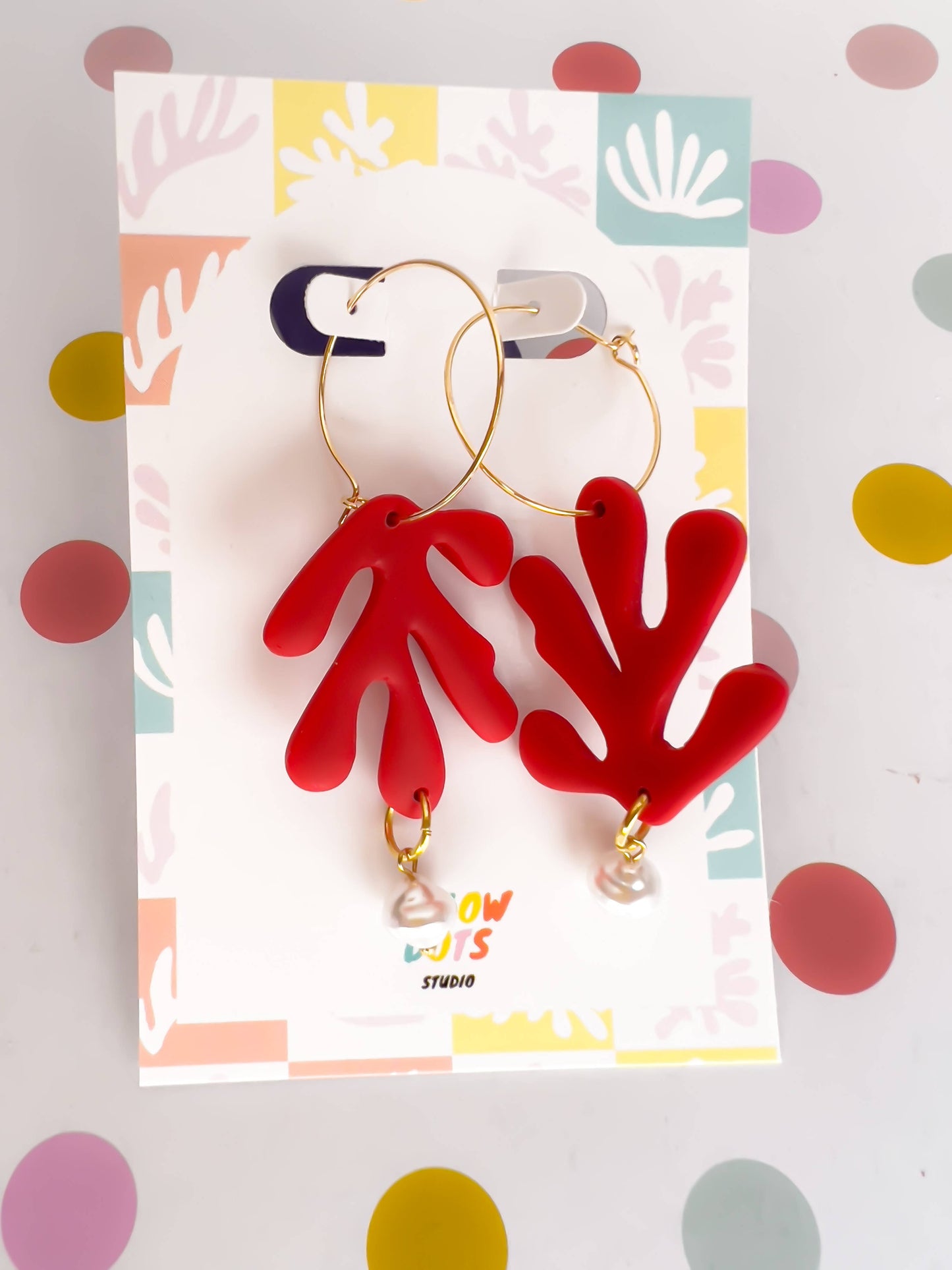 Yellow Dots Studio - Red Matisse Shape Earrings with Freshwater Pearl