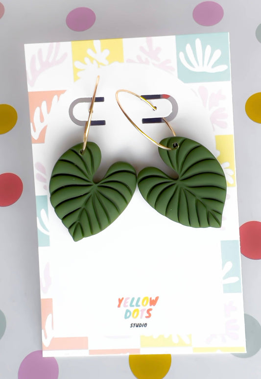 Yellow Dots Studio - Green Leaf Hoops | Polymer Clay Earrings