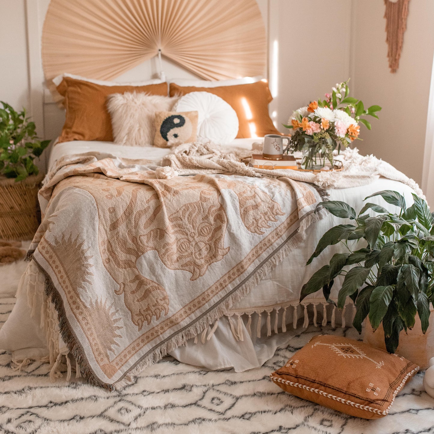 Tibetan Tiger Woven Blanket in warm beige