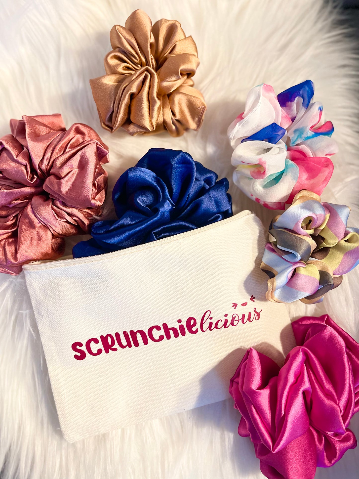 Cute scrunchies cosmetic, make up, stationary, bag with zipper and tassle
