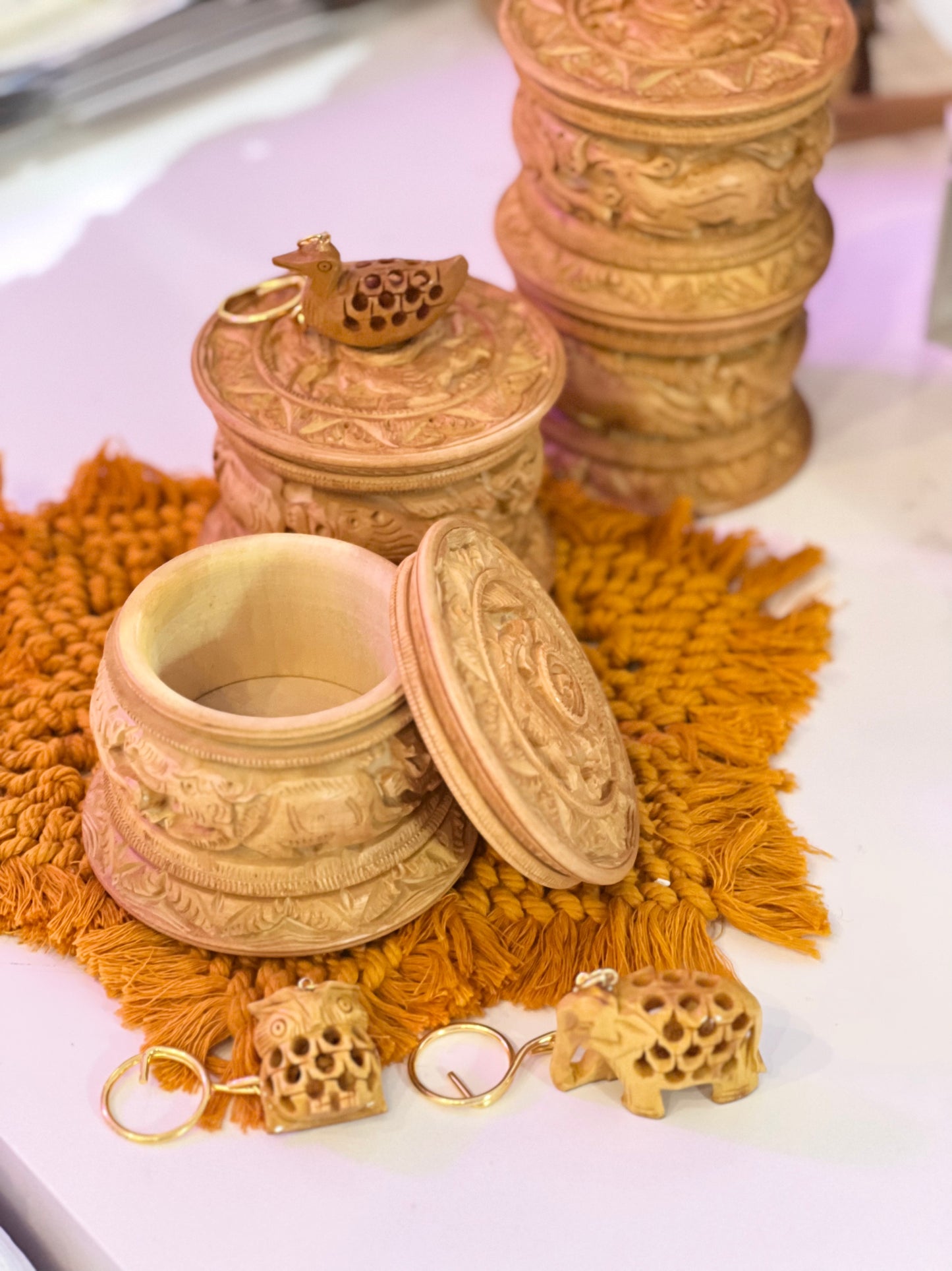 Hand carved wooden trinket bowls with lid