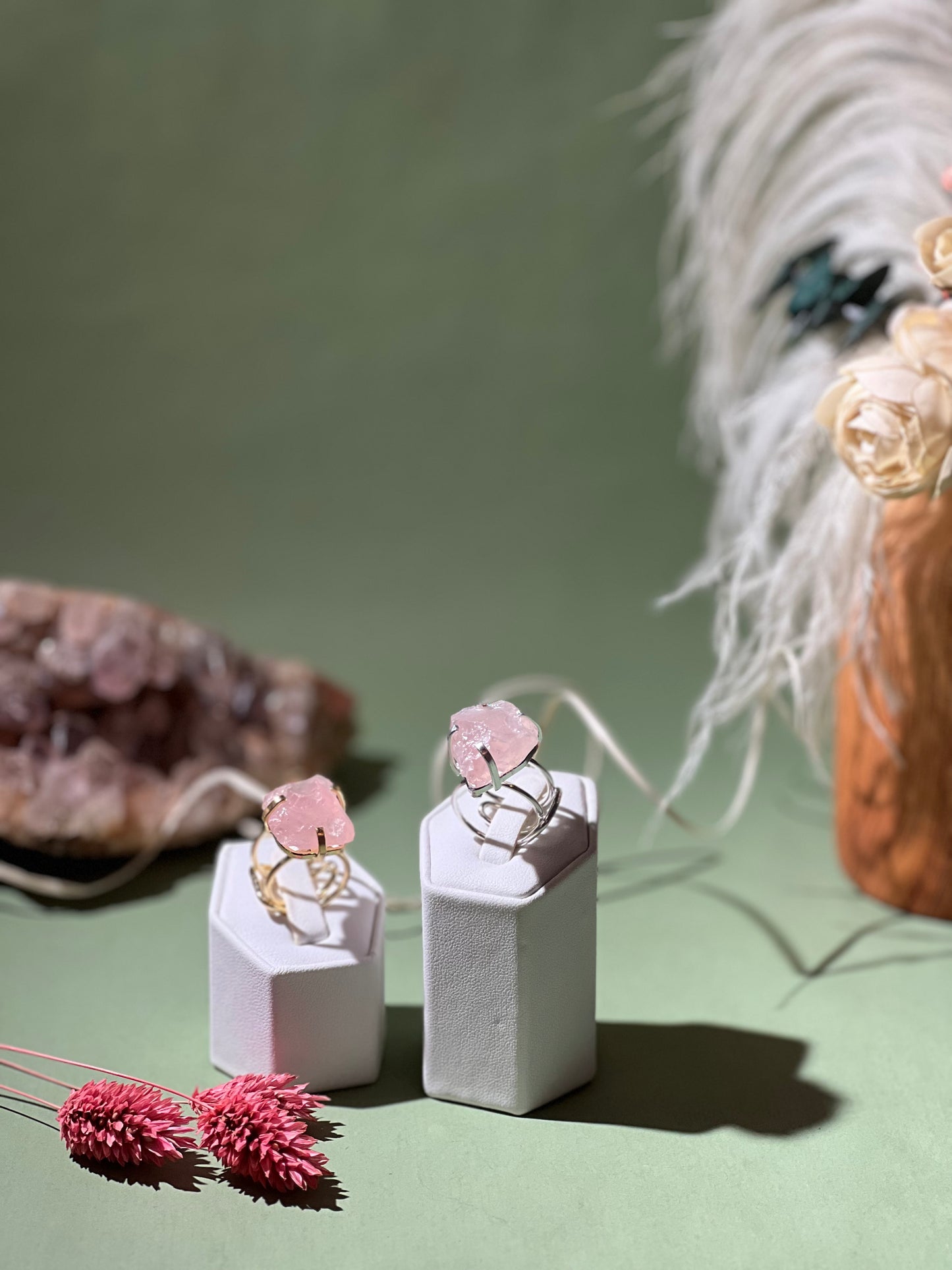 Rose quartz wire rings