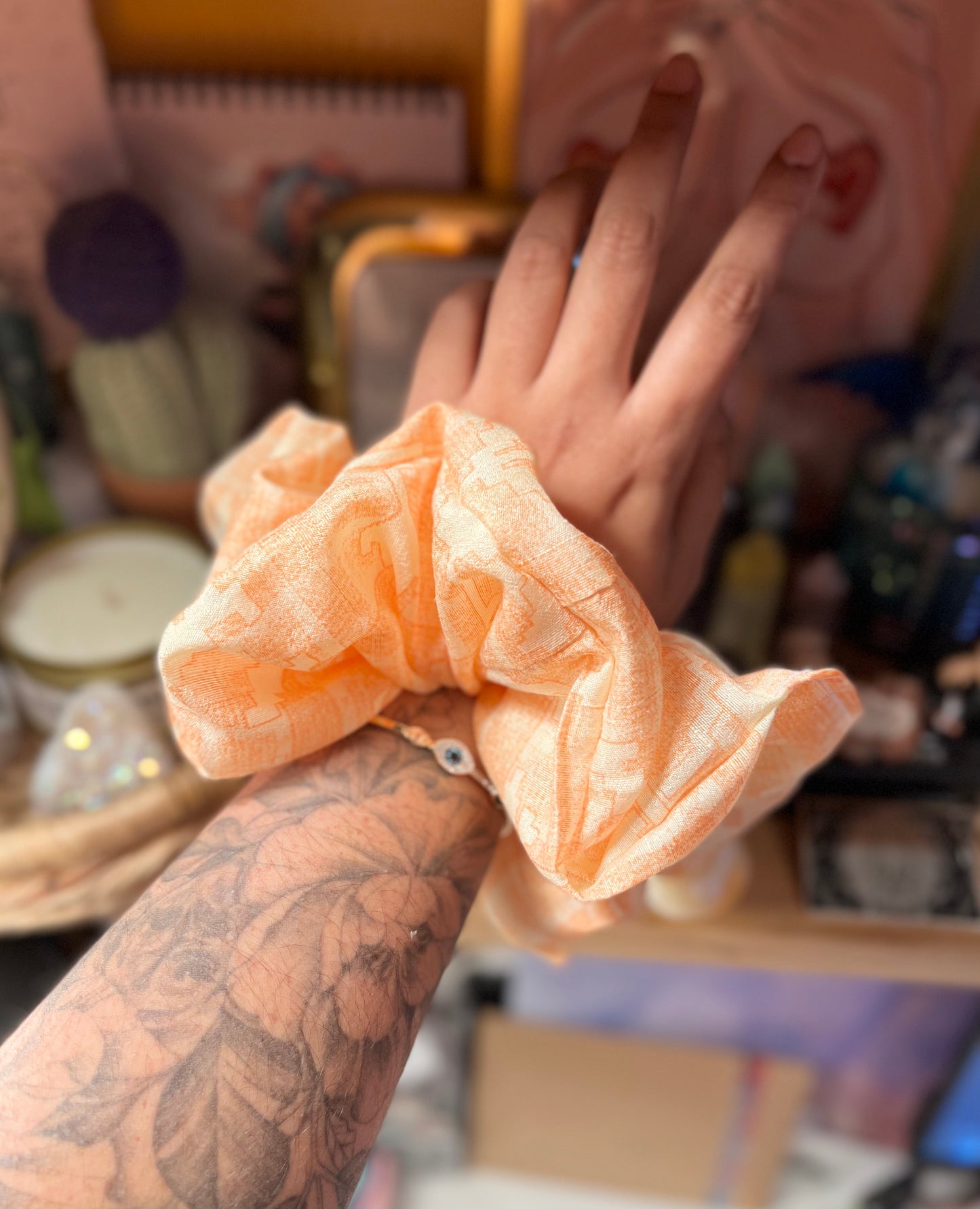 Peach patterned polyester large Handmade scrunchie