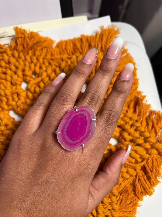 Pink agate adjustable wire silver plated ring