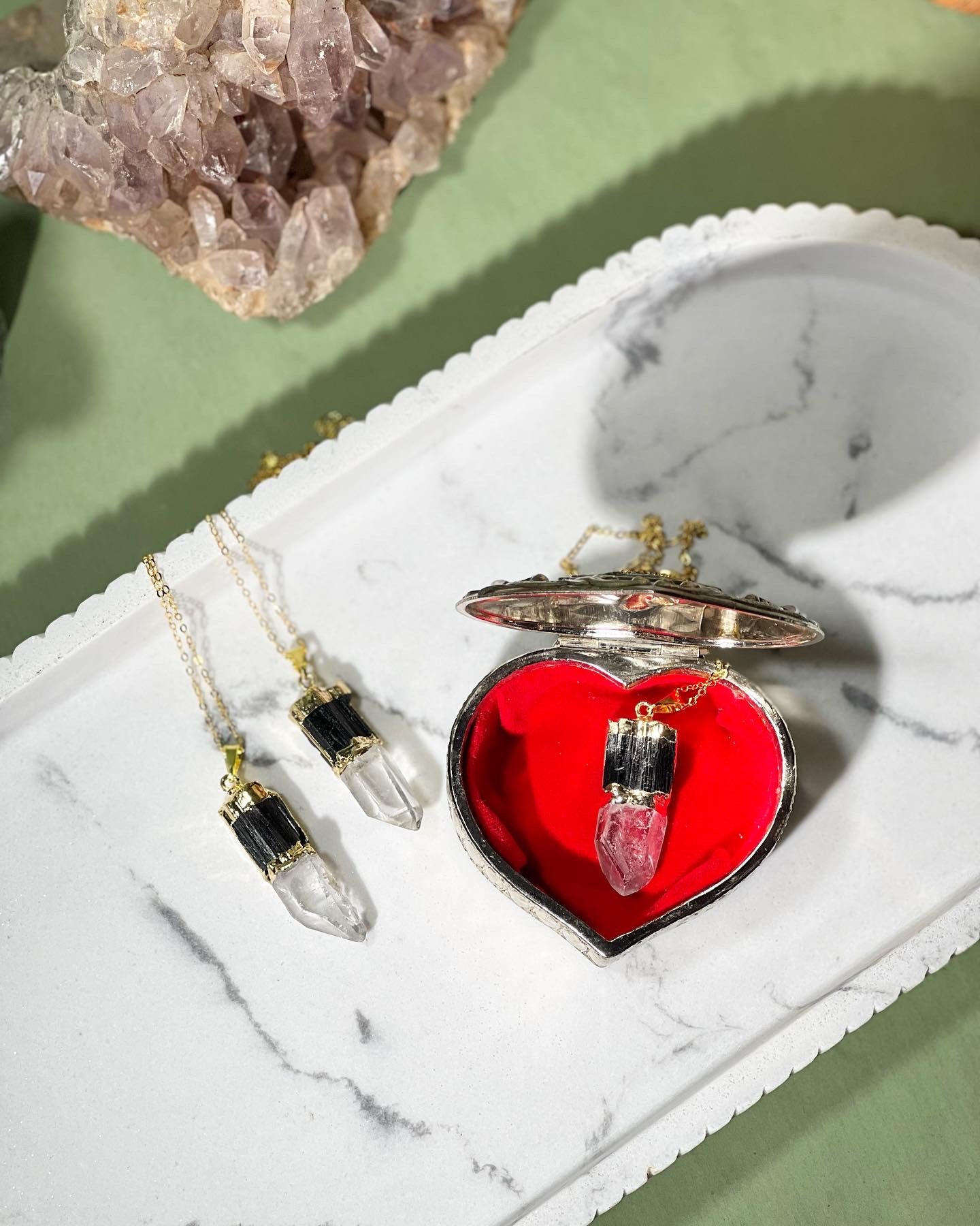 Tourmaline and clear quartz necklaces